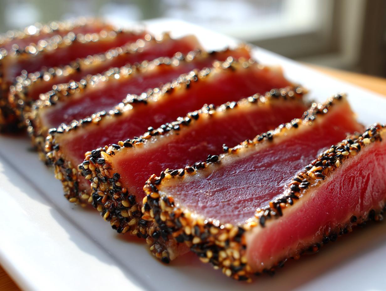 Close-up of perfectly seared ahi tuna slices, crusted with black and white sesame seeds, showing a rare red center.