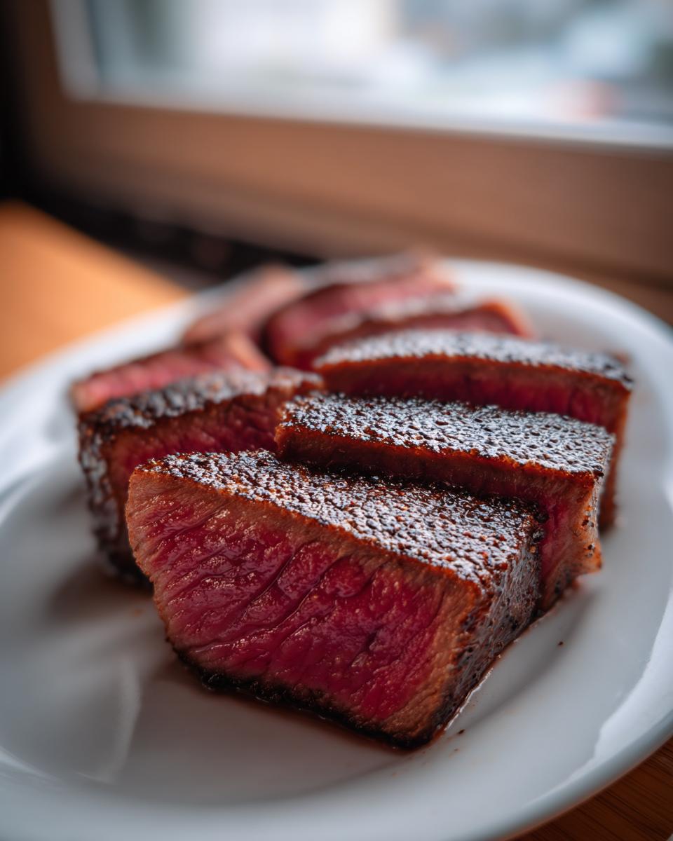 Close-up of thick, perfectly seared and sliced medium-rare tuna steak pieces on a white plate.