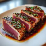 Four thick slices of perfectly seared tuna steak resting in a dark marinade, topped with fresh green chives.