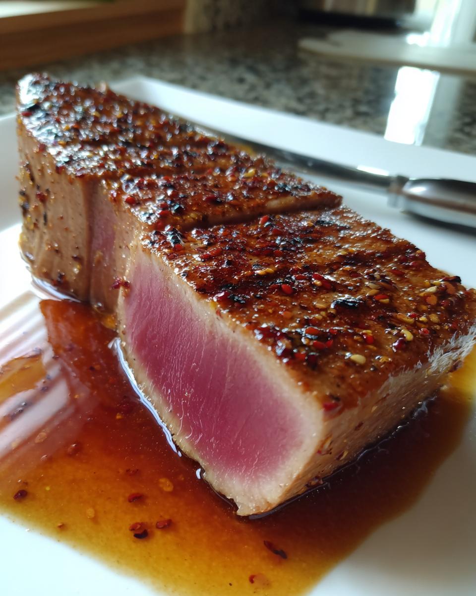 Close-up of a perfectly seared tuna steak, rare in the center, coated in a spicy glaze from the MARINADE FOR TUNA STEAK.