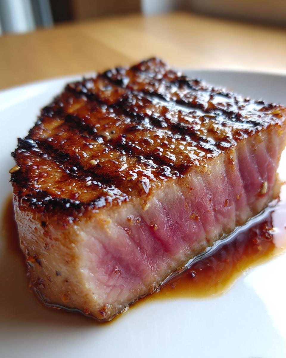 Close-up of a perfectly seared tuna steak, showing a rare pink center and a dark, caramelized glaze from the MARINADE FOR TUNA STEAK.