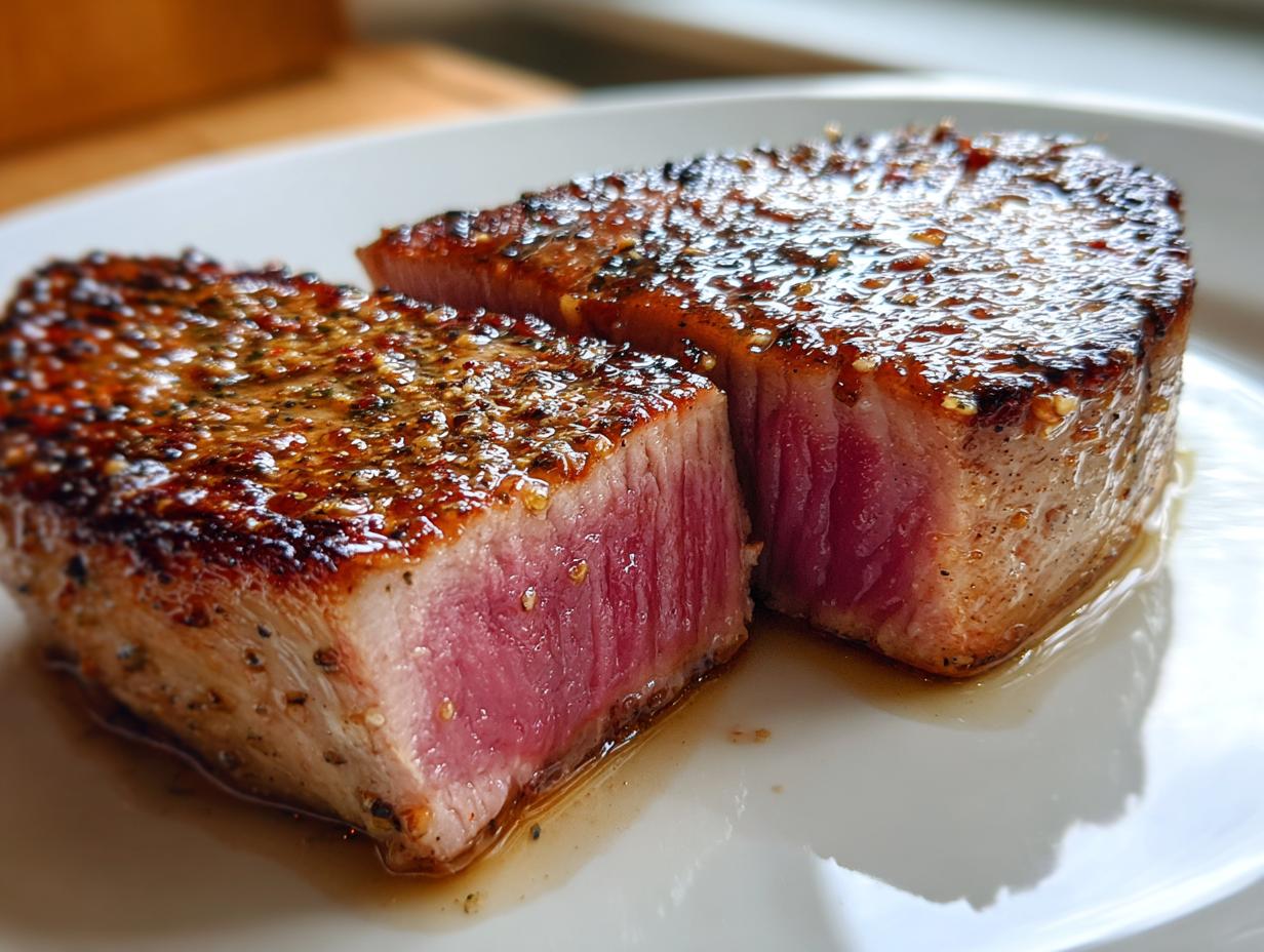 Close-up of a perfectly seared tuna steak, sliced in half, showing a rare pink center and a shiny glaze from the MARINADE FOR TUNA STEAK.