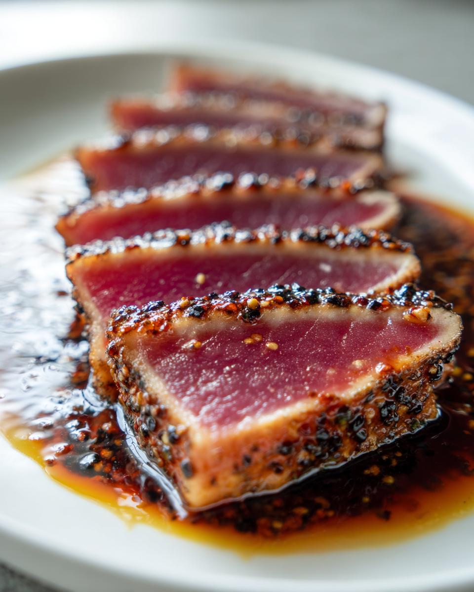 Close-up of seared tuna steak slices, crusted with sesame seeds, sitting in a rich marinade.