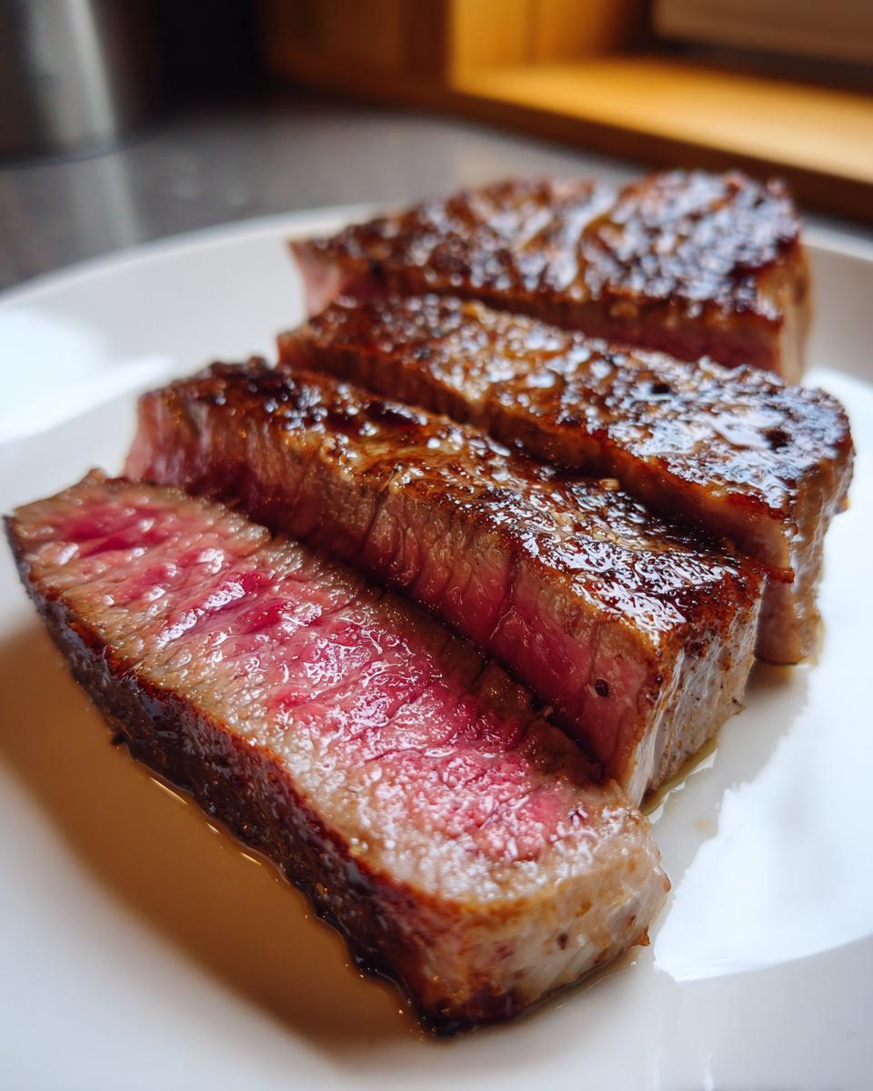 Close-up of perfectly seared and sliced tuna steak, showing a medium-rare interior, ready after using the MARINADE FOR TUNA STEAK.