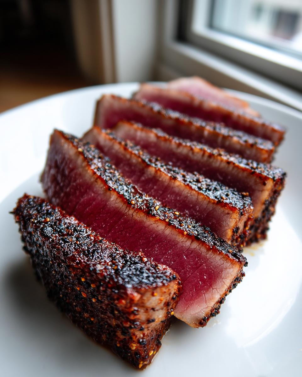 Close-up of perfectly seared tuna steak, sliced to show a rare, deep red center and a dark pepper crust.