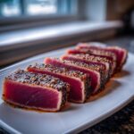 Slices of perfectly seared tuna steak, crusted with peppercorns, showing a rare, bright red center.