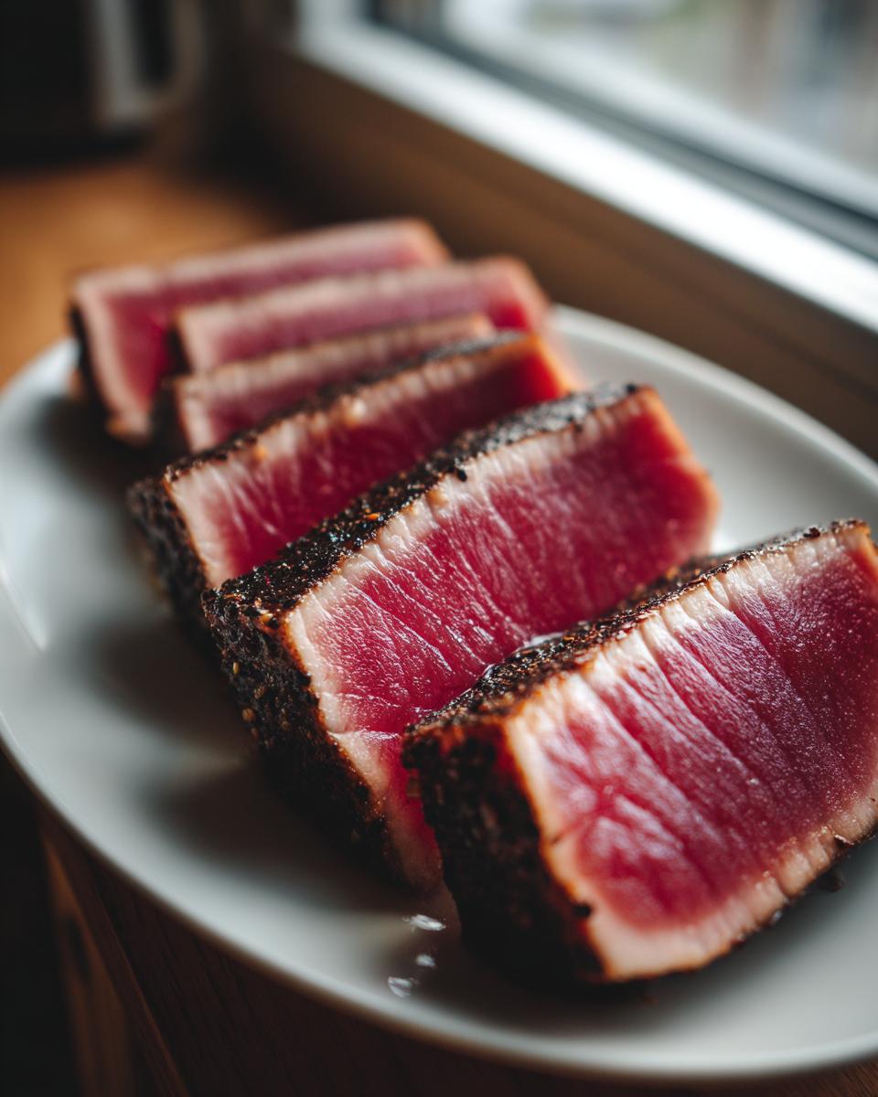 Slices of seared, pepper-crusted tuna steak showing a bright red, rare center, served on a white plate.