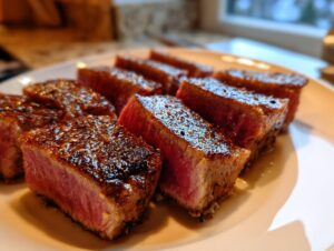 Close-up of perfectly seared tuna steak, sliced into thick pieces showing a rare, pink center.