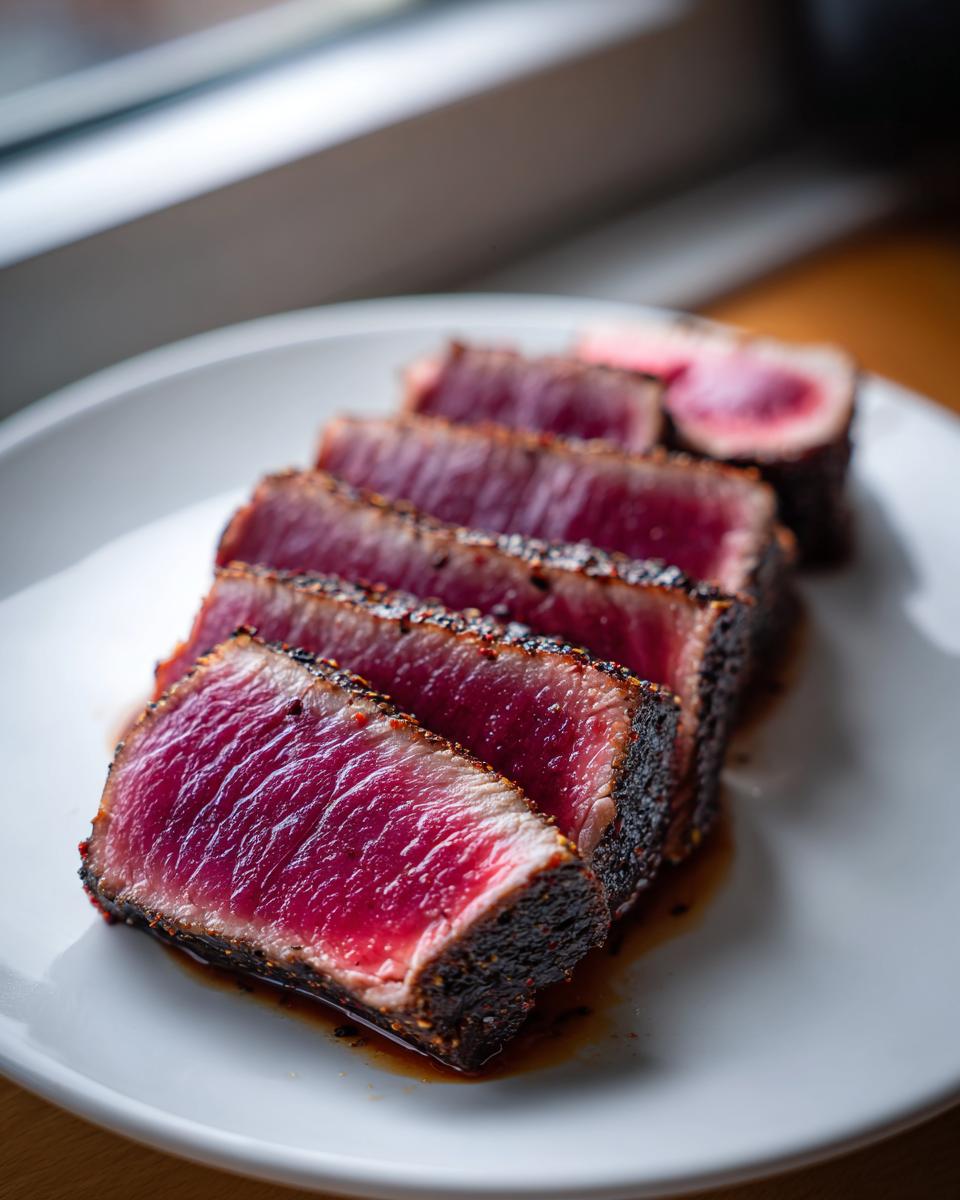 Five thick slices of beautifully seared tuna steak, showing a dark pepper crust and bright red, rare center.