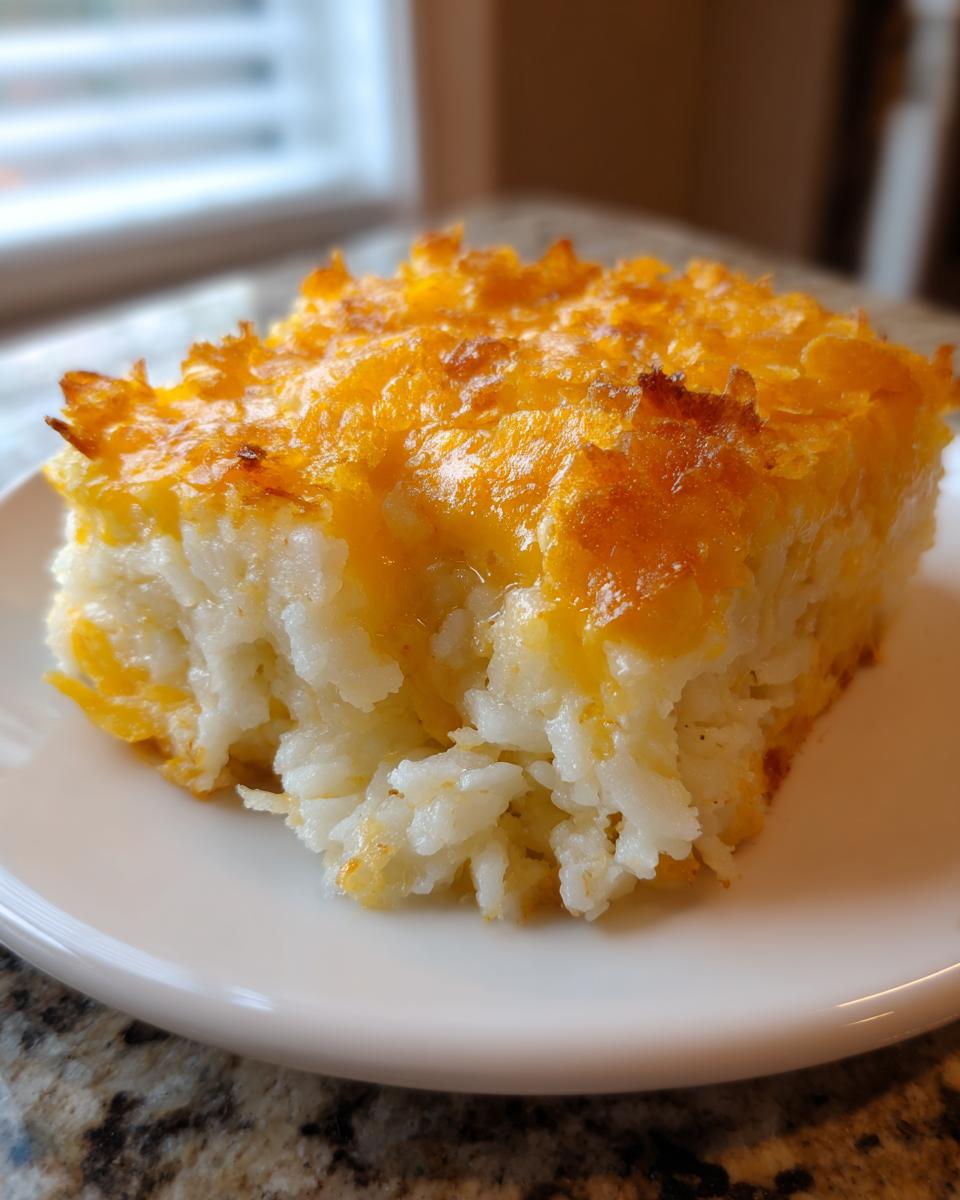 A close-up slice of creamy hashbrown casserole topped with melted, golden-brown cheddar cheese.