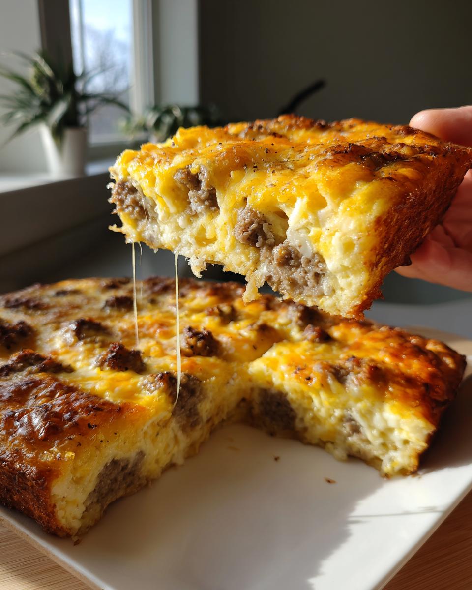 A hand lifts a cheesy, sausage-filled slice of Christmas breakfast casserole, showing melted cheese strings.