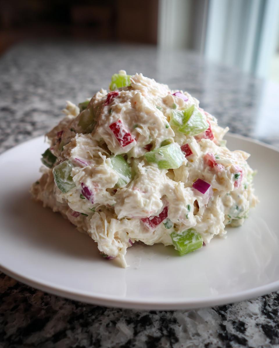 A mound of creamy crab salad featuring visible chunks of celery, red onion, and red pepper on a white plate.