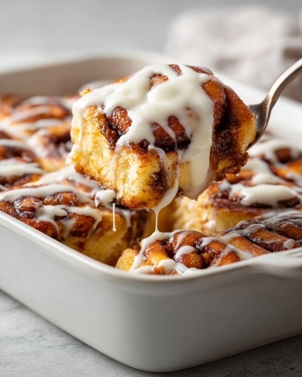 A spoonful of gooey cinnamon roll casserole being lifted out of a white baking dish, dripping with white icing.