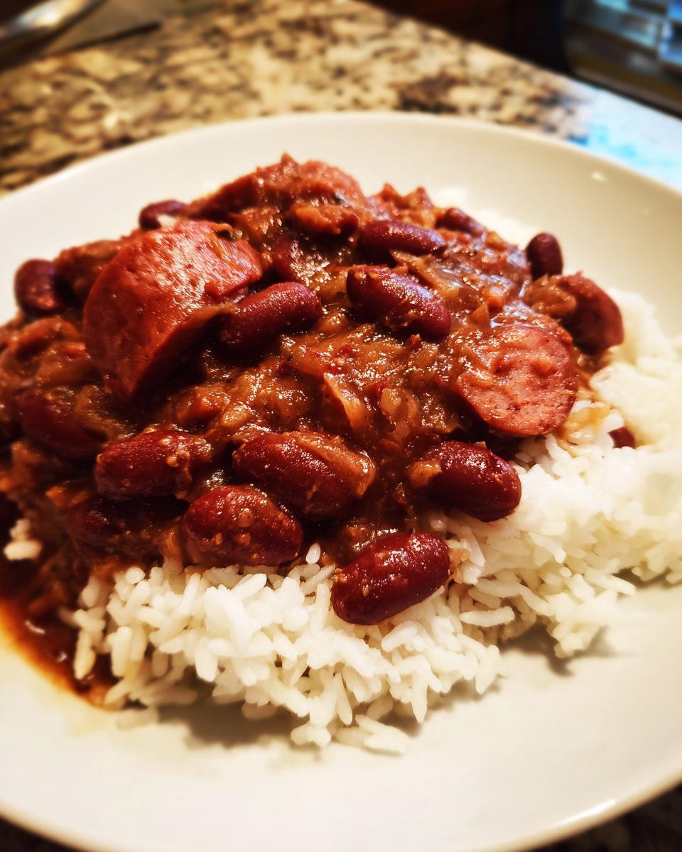A close-up of a serving of rich red beans and rice topped with sliced smoked sausage.