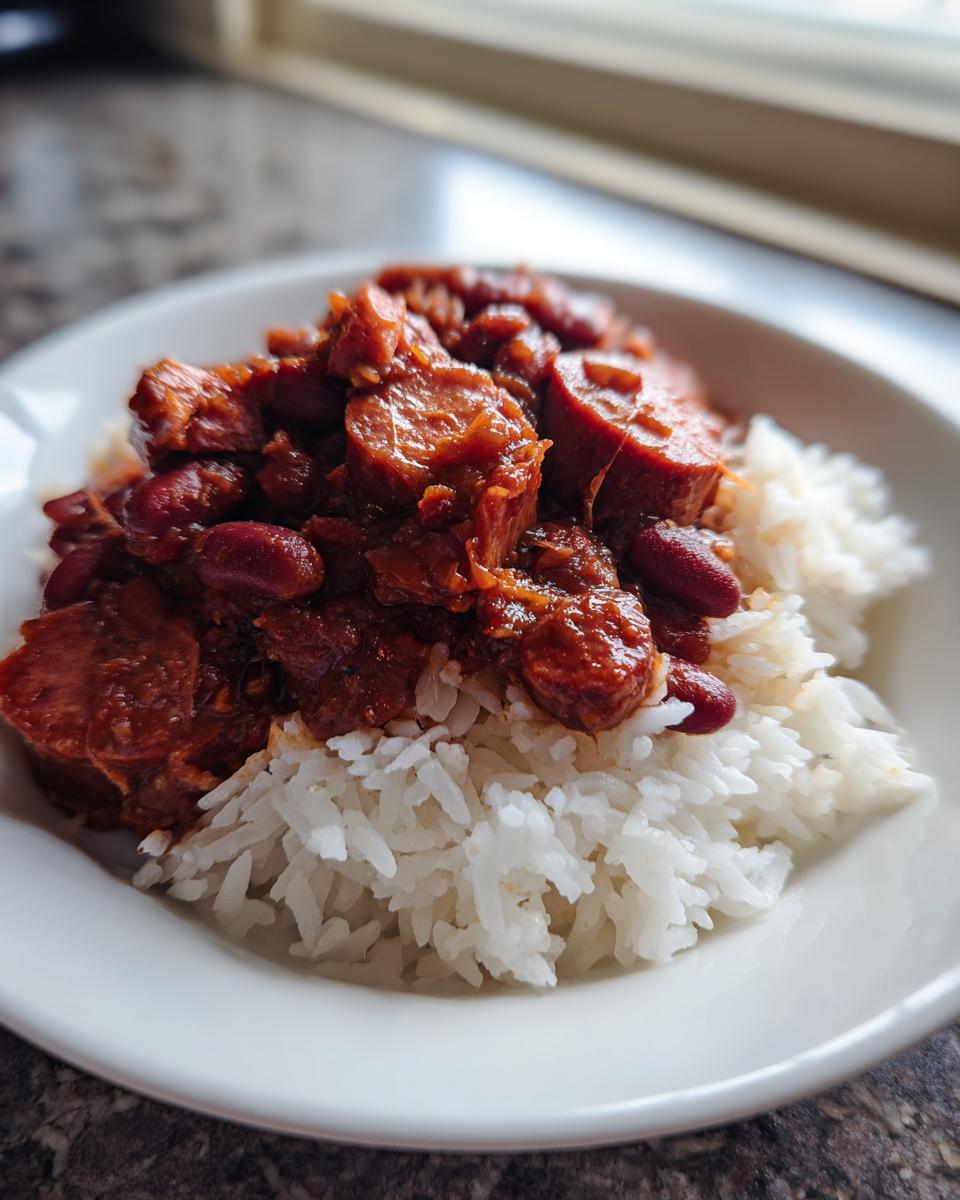 A close-up of a white bowl filled with white rice topped generously with rich, savory red beans and rice mixture including sliced sausage.