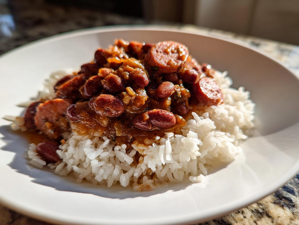 A close-up serving of amazing 1-pot red beans and rice topped with sliced smoked sausage on white rice.