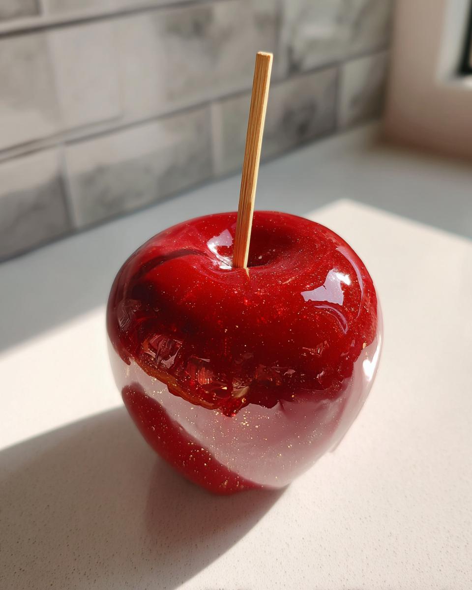 A close-up of a perfectly coated, glossy red candy apples with a wooden stick inserted, sparkling under bright light.