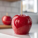 Close-up of a perfectly coated, shiny red candy apples on a white surface with another one blurred in the background.