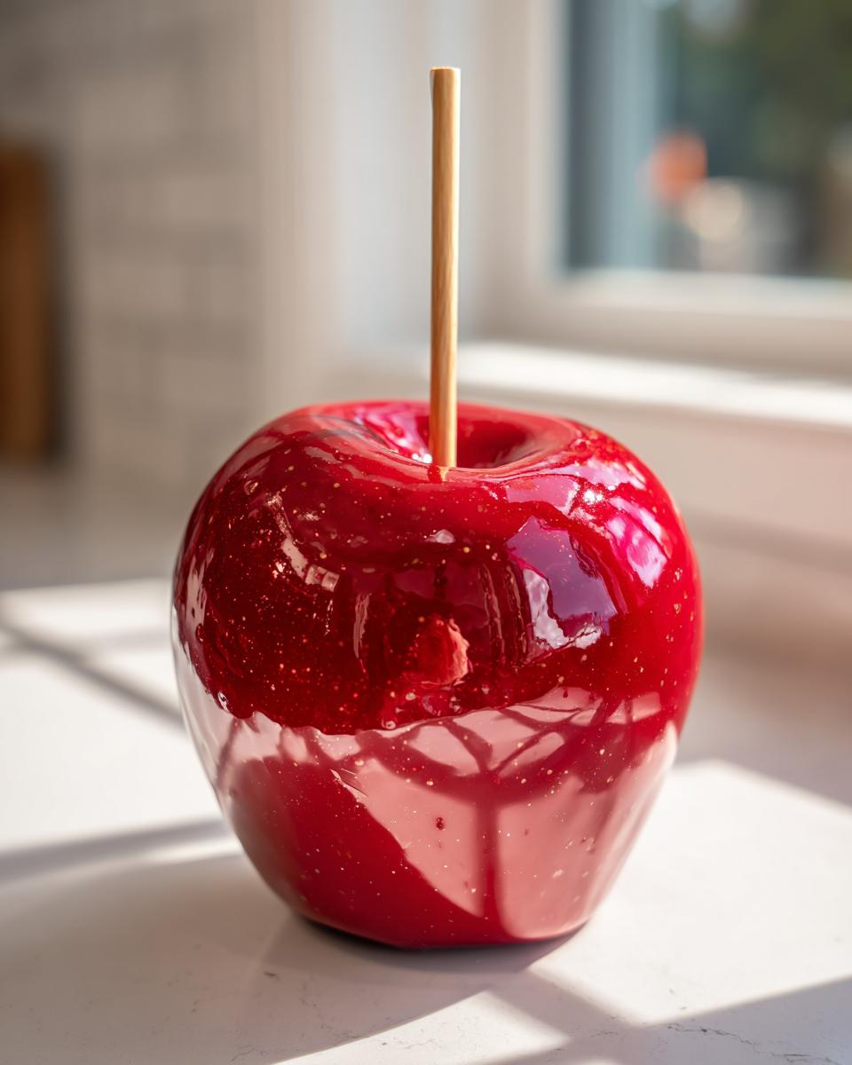 A single, glossy red candy apple with a wooden stick inserted, sitting on a white surface near a window.