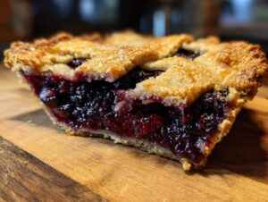 Close-up of a slice of homemade blackberry pie showing juicy filling and golden, flaky lattice crust.