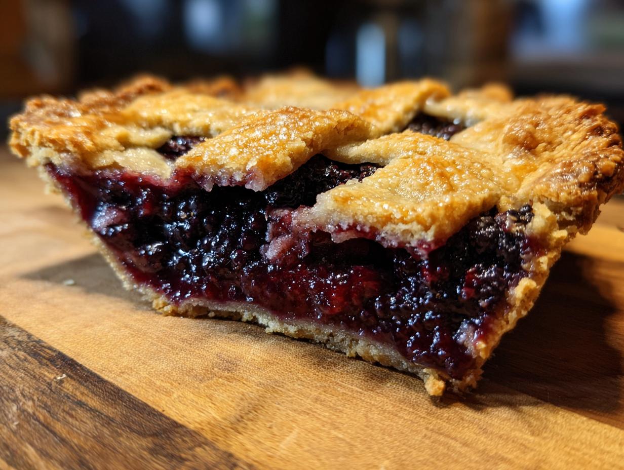 Close-up of a slice of homemade blackberry pie showing juicy filling and golden, flaky lattice crust.
