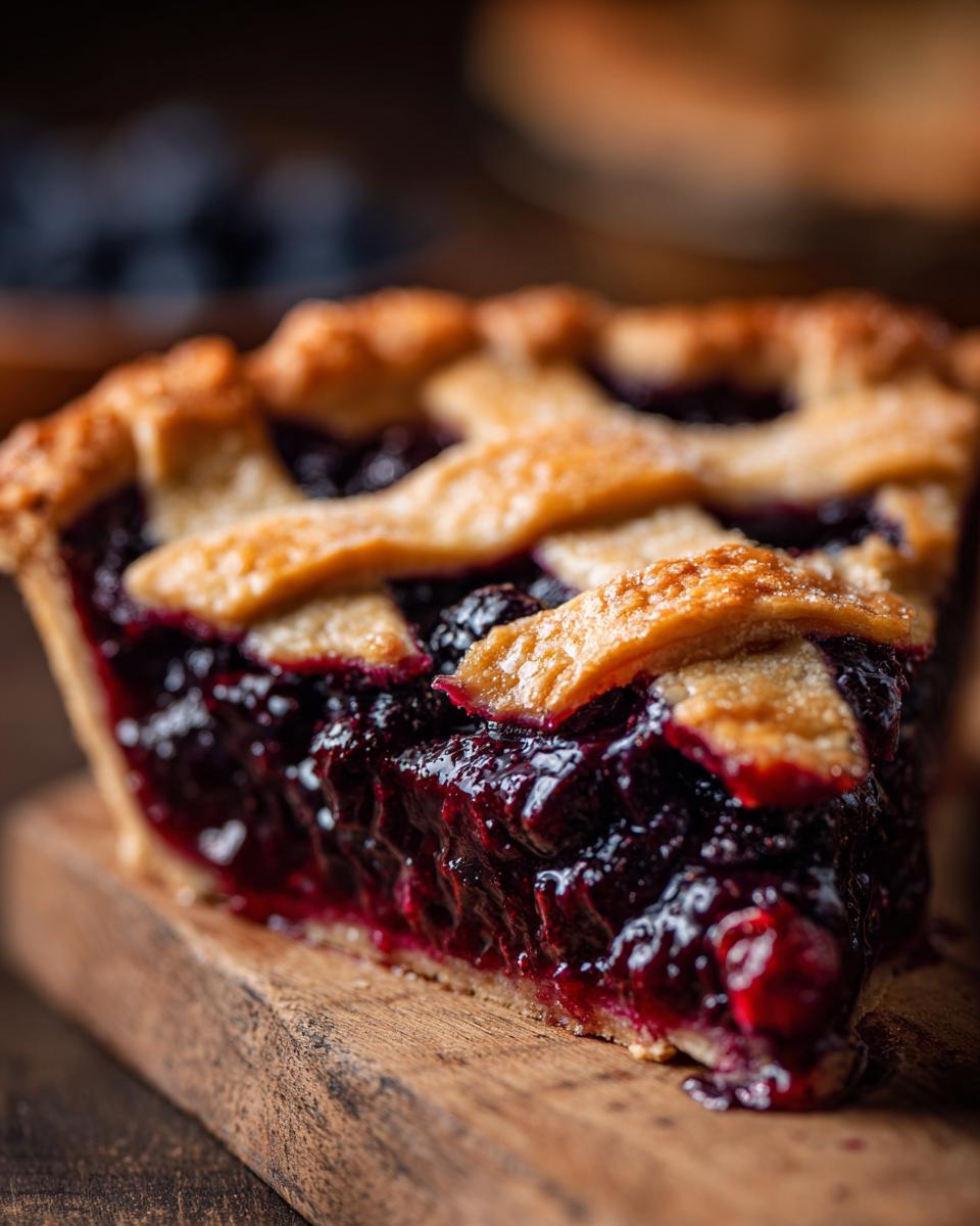 Close-up of a thick slice of blackberry pie showing juicy filling and a golden lattice crust.