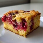 A close-up slice of moist, yellow cake studded with bright red cherries, characteristic of a cherry dump cake.