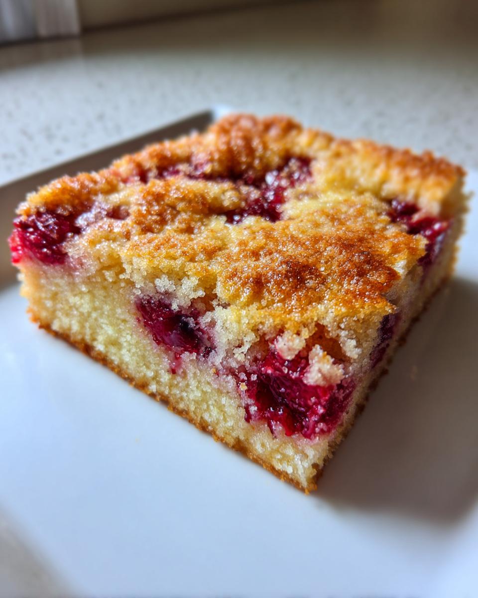 Close-up of a square slice of moist cherry dump cake showing bright red cherries baked into the yellow cake batter.