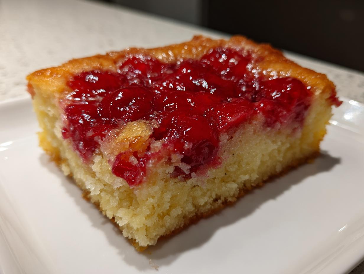 Close-up of a moist slice of cherry dump cake with a bright red, glossy cherry topping over a golden cake base.