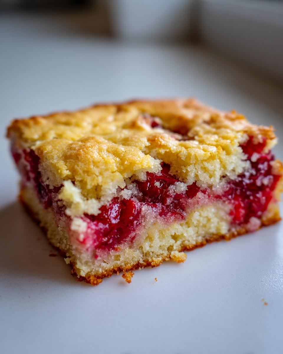 Close-up of a square slice of moist cherry dump cake showing bright red fruit filling between layers of golden cake.