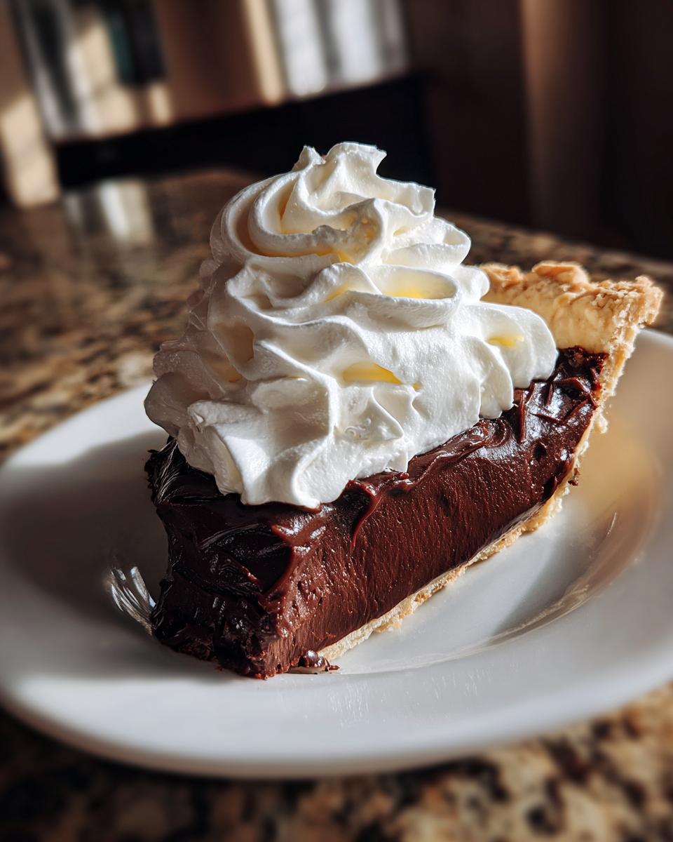 A rich slice of chocolate cream pie topped with a generous swirl of fresh whipped cream.
