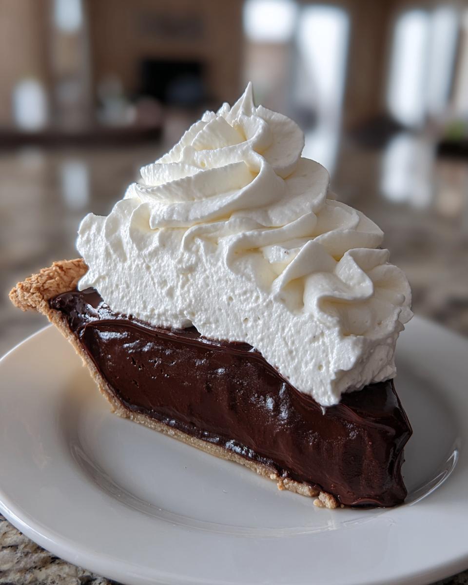 A decadent slice of chocolate cream pie featuring rich dark filling and a tall swirl of whipped cream.