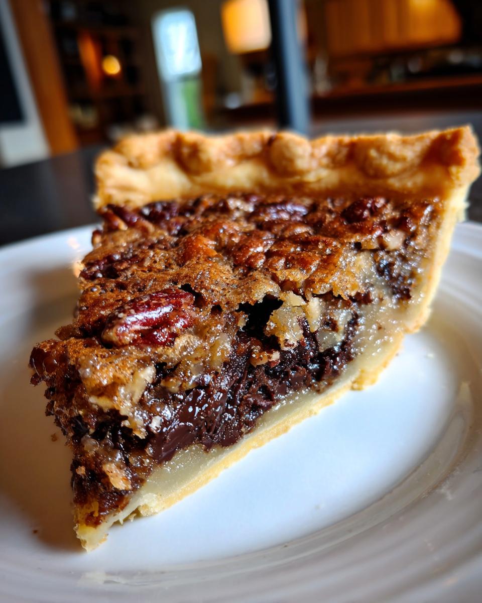 Close-up of a perfect slice of chocolate pecan pie showing gooey filling and pecans on a white plate.
