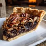 A close-up view of a decadent slice of chocolate pecan pie showing the flaky crust and rich, gooey filling topped with pecans.