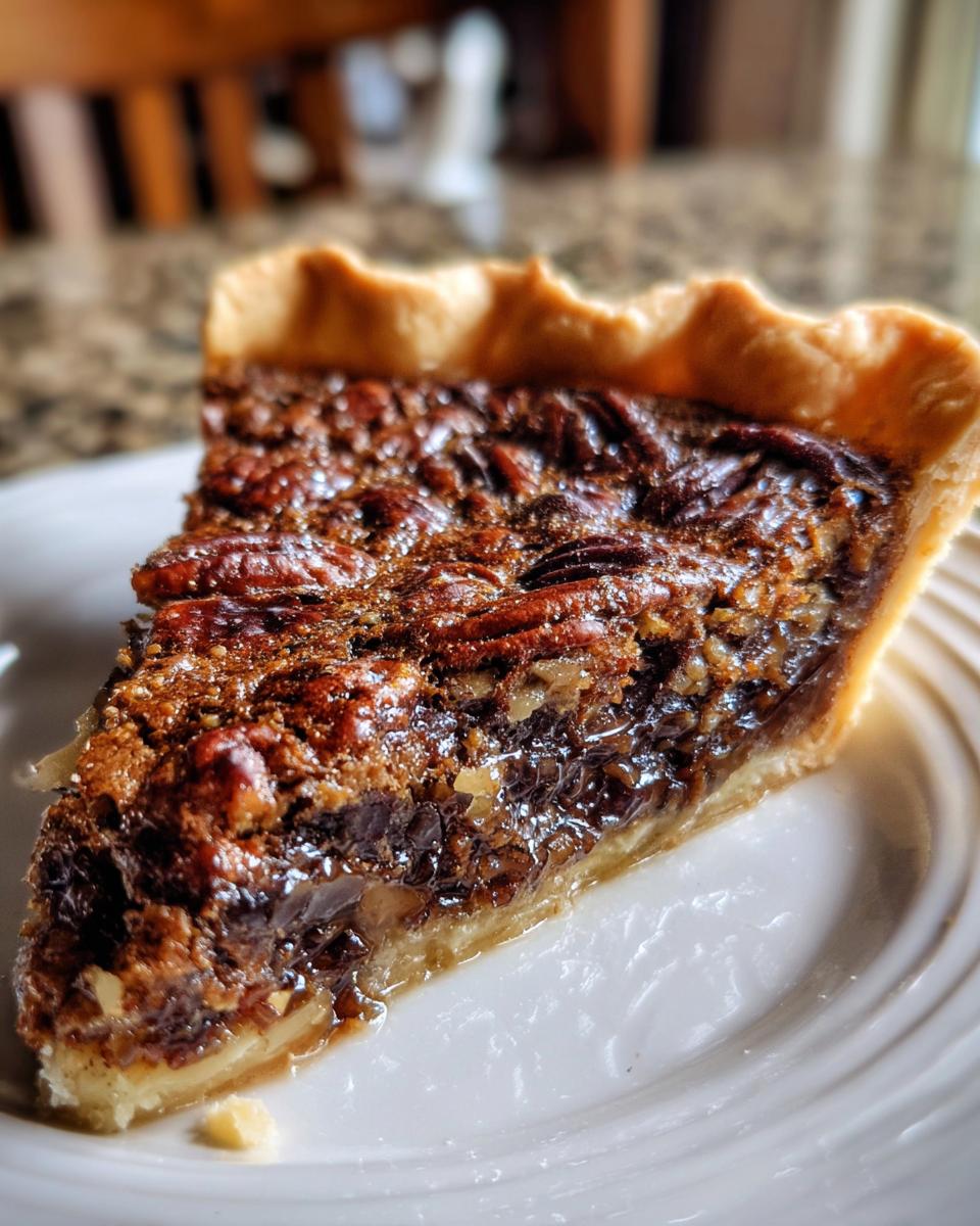 A close-up shot of a decadent slice of chocolate pecan pie showing the flaky crust and glossy, nut-covered filling.