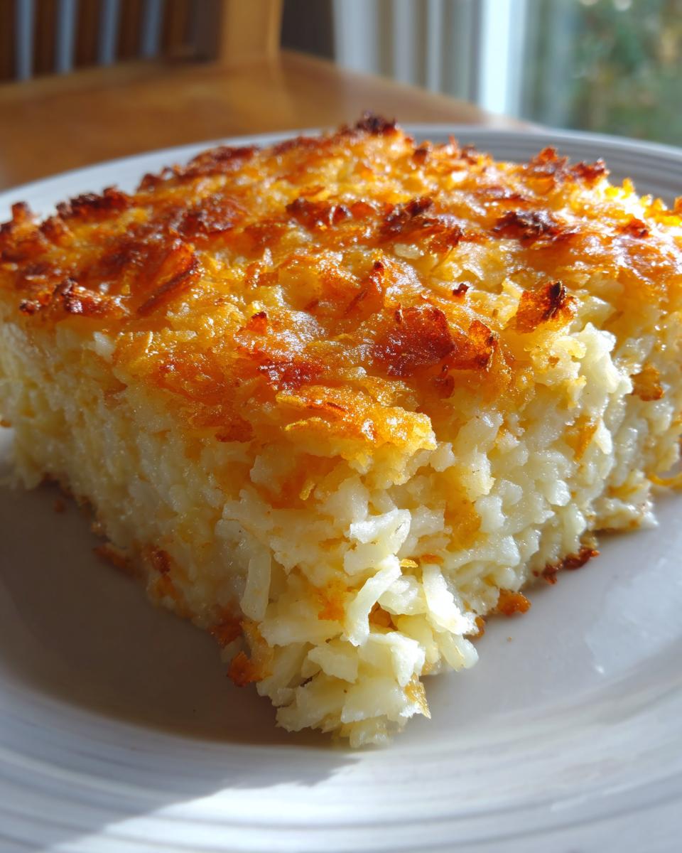 A square serving of creamy hashbrown casserole with a golden, crispy baked top, served on a white plate.