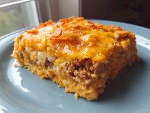 A thick slice of Dorito Casserole featuring layers of ground meat, creamy sauce, and melted cheddar cheese topping.