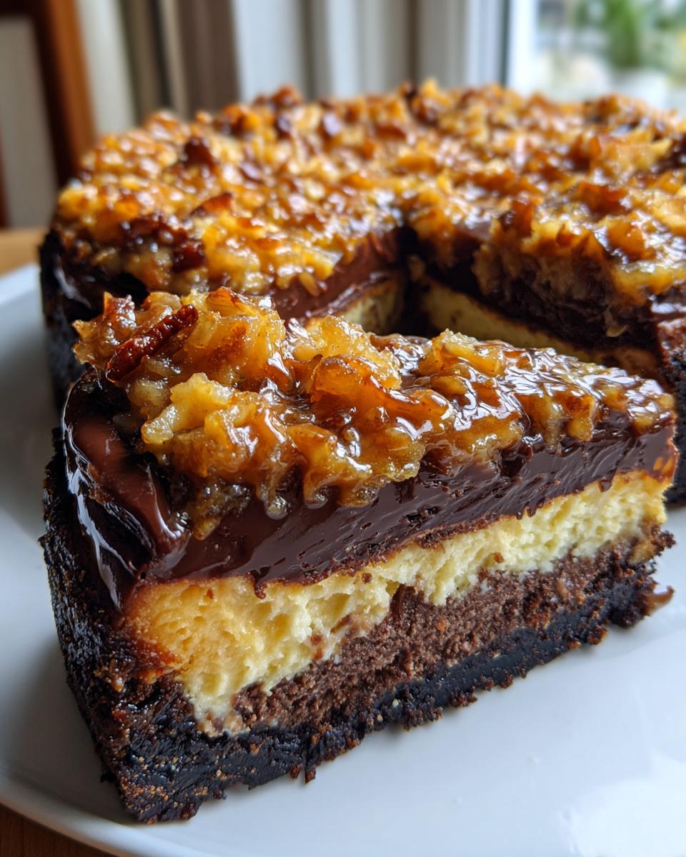 A decadent slice of german chocolate cheesecake showing layers of crust, cheesecake, chocolate ganache, and coconut pecan topping.