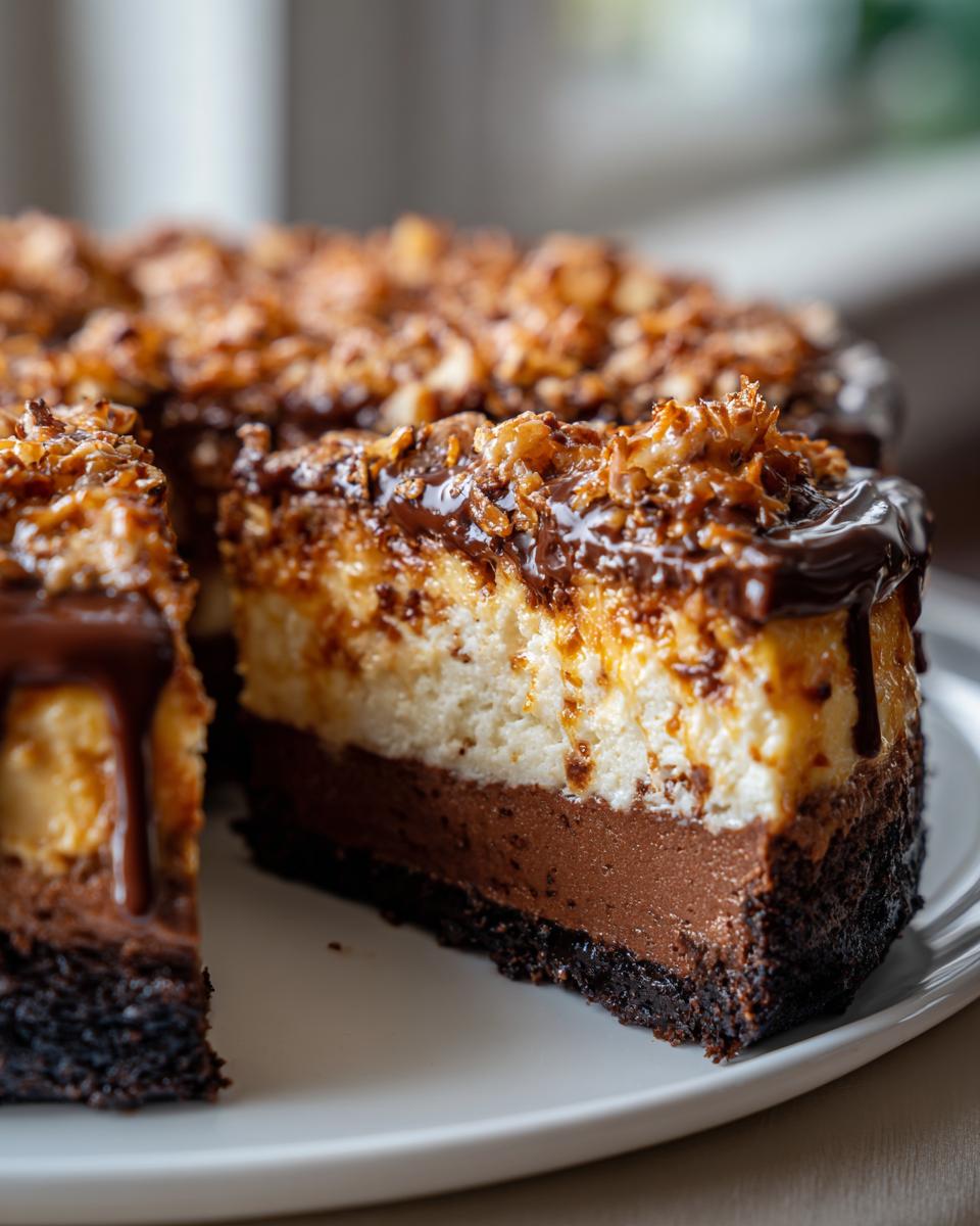 A slice of decadent german chocolate cheesecake showing layers of dark crust, chocolate mousse, and cheesecake, topped with coconut pecan frosting.