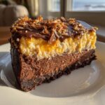 A tall slice of german chocolate cheesecake with three distinct layers and toasted coconut topping.