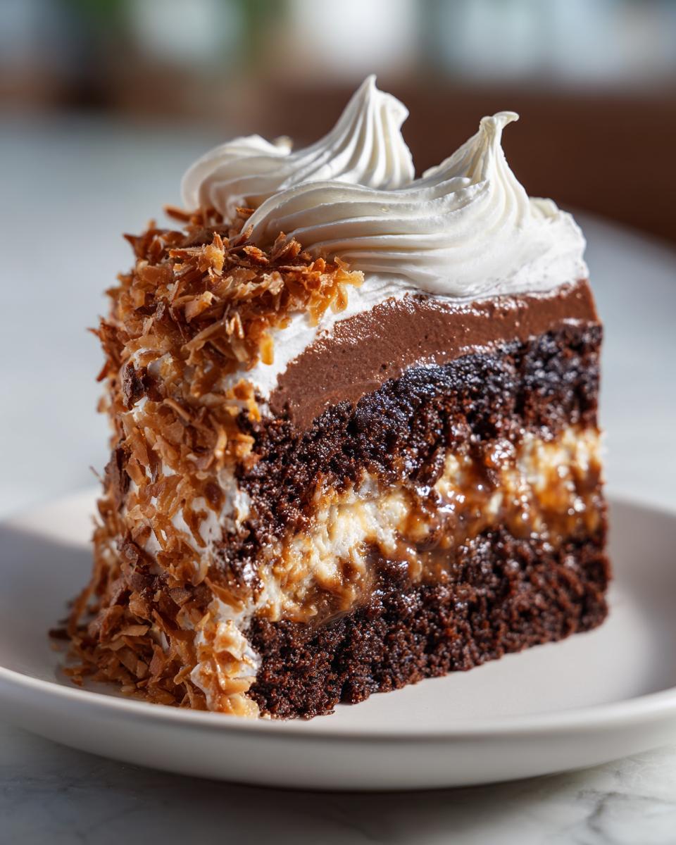 A decadent slice of german chocolate poke cake showing layers of moist chocolate cake, filling, and whipped topping.