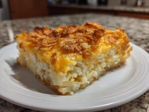 A square slice of creamy hashbrown casserole topped with melted cheddar cheese and crunchy cornflakes.