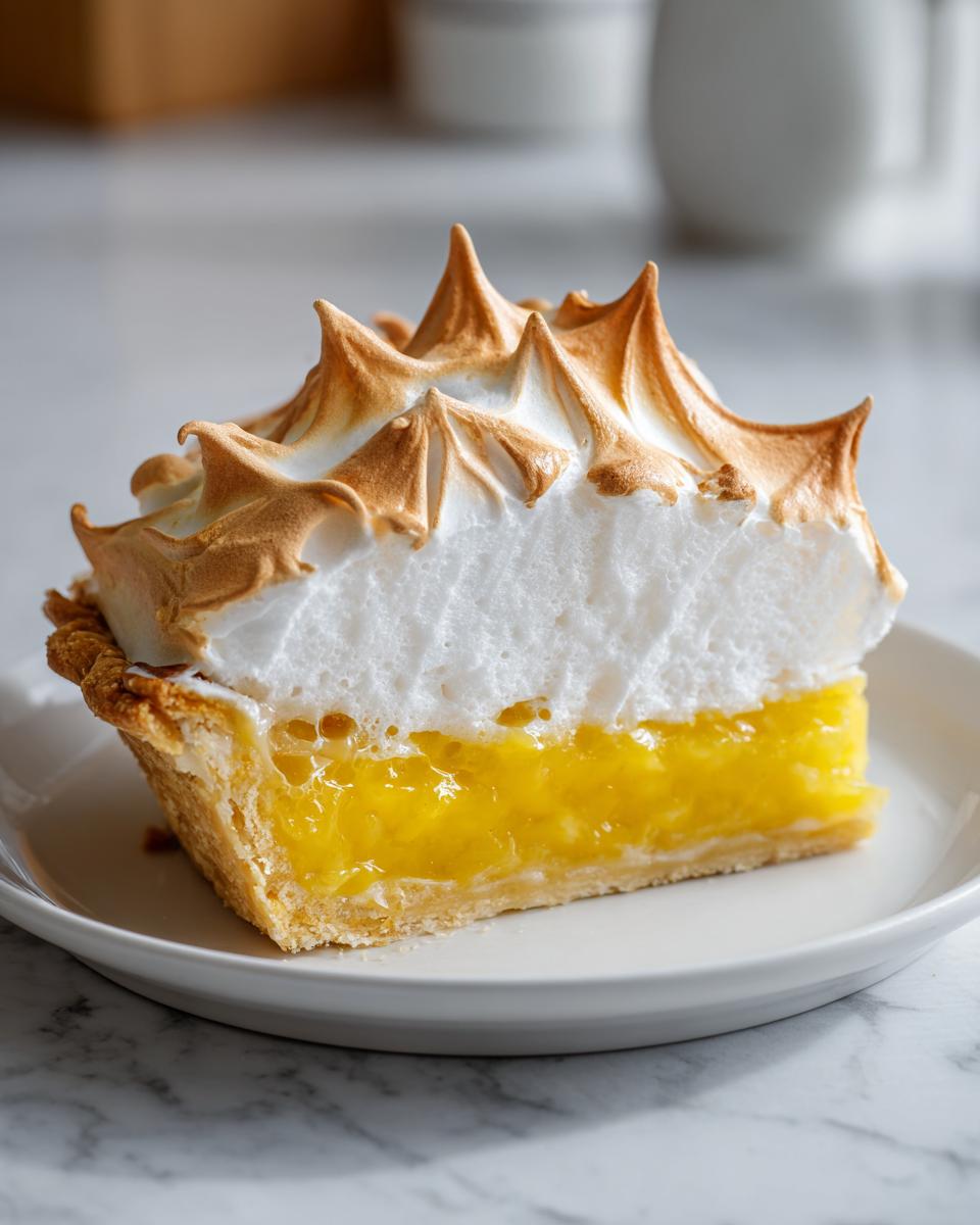 A close-up slice of amazing lemon meringue pie showing bright yellow filling and tall, toasted meringue peaks.