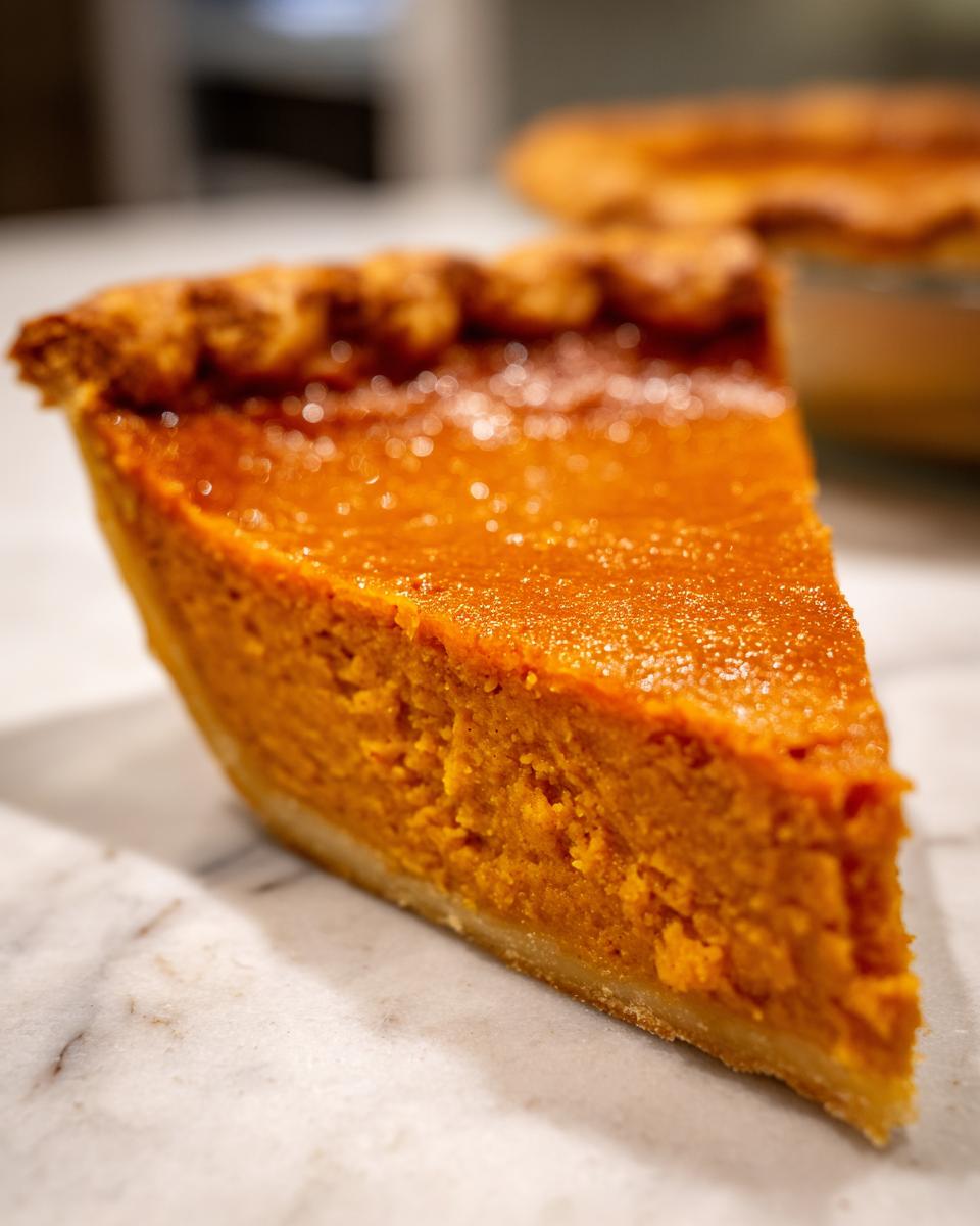 Close-up of a thick, vibrant orange slice of sweet potato pie resting on a white marble surface.