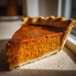 A close-up, appetizing slice of rich orange sweet potato pie with a flaky crust, sitting on a light countertop.