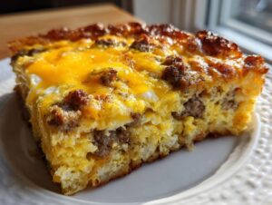 Close-up of a hearty slice of tater tot breakfast casserole with sausage, eggs, and melted cheddar cheese.