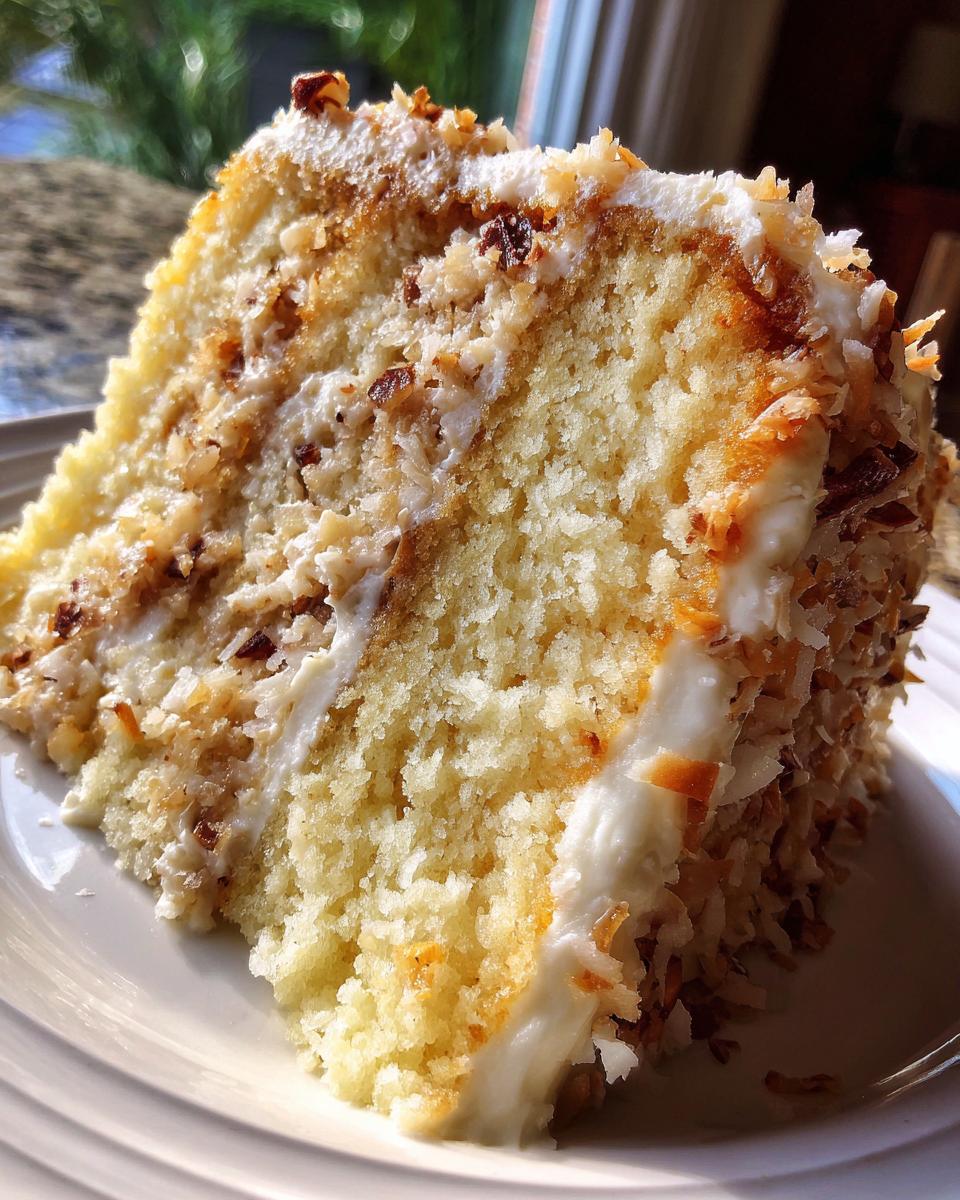 Close-up of a moist slice of white German Chocolate Cake layered with creamy frosting and toasted coconut pecan topping.