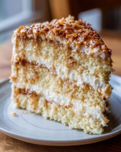 Close-up of a moist slice of white German chocolate cake layered with cream and topped with caramelized coconut.