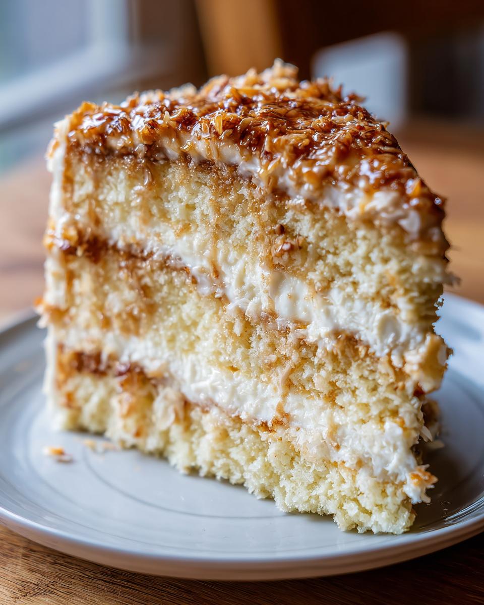 Close-up of a moist slice of white German chocolate cake layered with cream and topped with caramelized coconut.