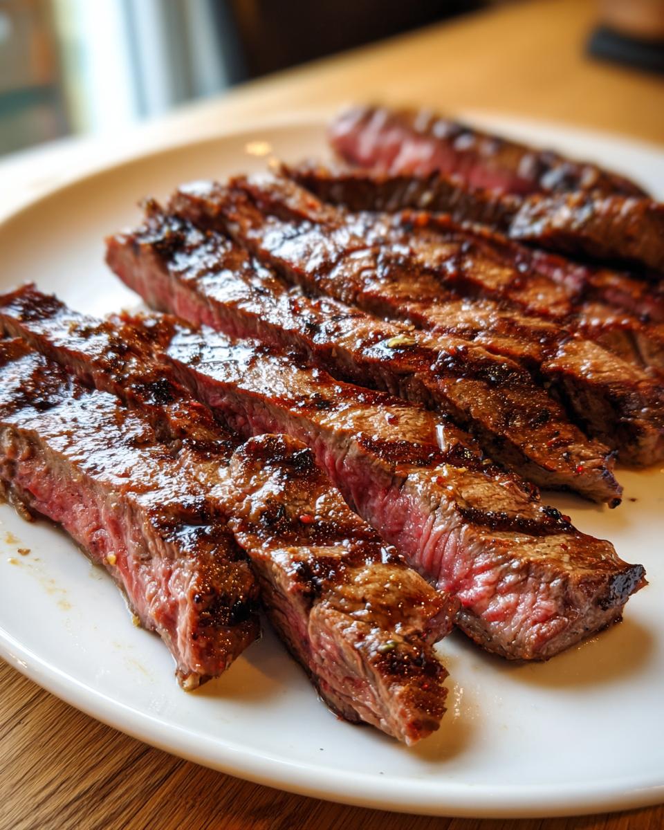 Close-up of medium-rare steak slices showing grill marks, prepared with carne asada marinade.